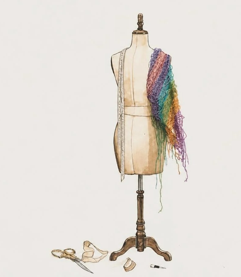 A tailor's dress form with a garment woven from violet, green and amber threads, a tape measure over one shoulder, and shears resting at its foot