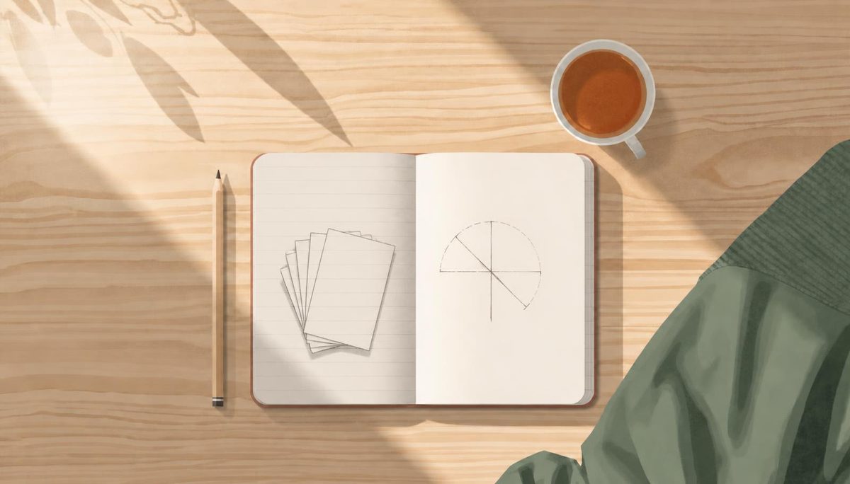 An open notebook on a wooden table, with a pencil sketch of a circle divided into segments, a pencil and a cup of tea beside it.